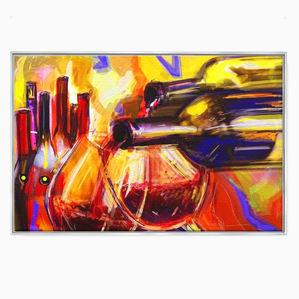 Tablou canvas cu pictura abstracta cu sticle si pahare de vin, in rama de aluminiu argintiu